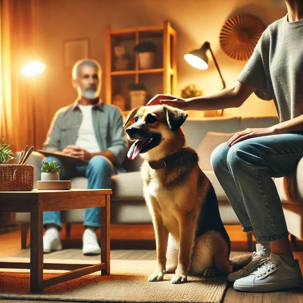 DALL·E 2024-12-02 21.20.23 - A scene of a home visit involving a dog and its owner. The setting is a cozy living room with a dog, a medium-sized breed, sitting calmly while being