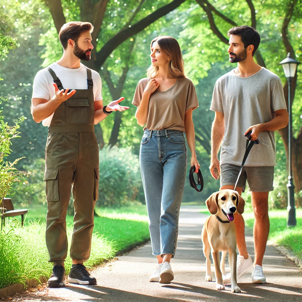DALL·E 2025-02-22 07.38.47 - A welcoming meeting scene during a dog walk in a park. A dog trainer and a pet owner are walking side by side on a tree-lined path, engaged in convers